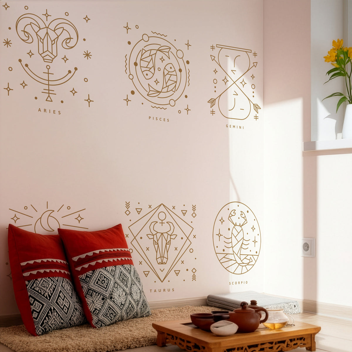 Zodiac Constellation Wall Decals Set, Minimal Astrology Line Art Stickers