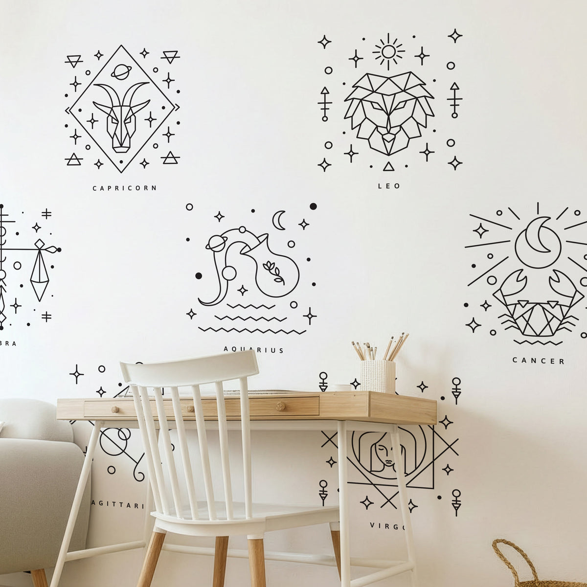 Zodiac Constellation Wall Decals Set, Minimal Astrology Line Art Stickers