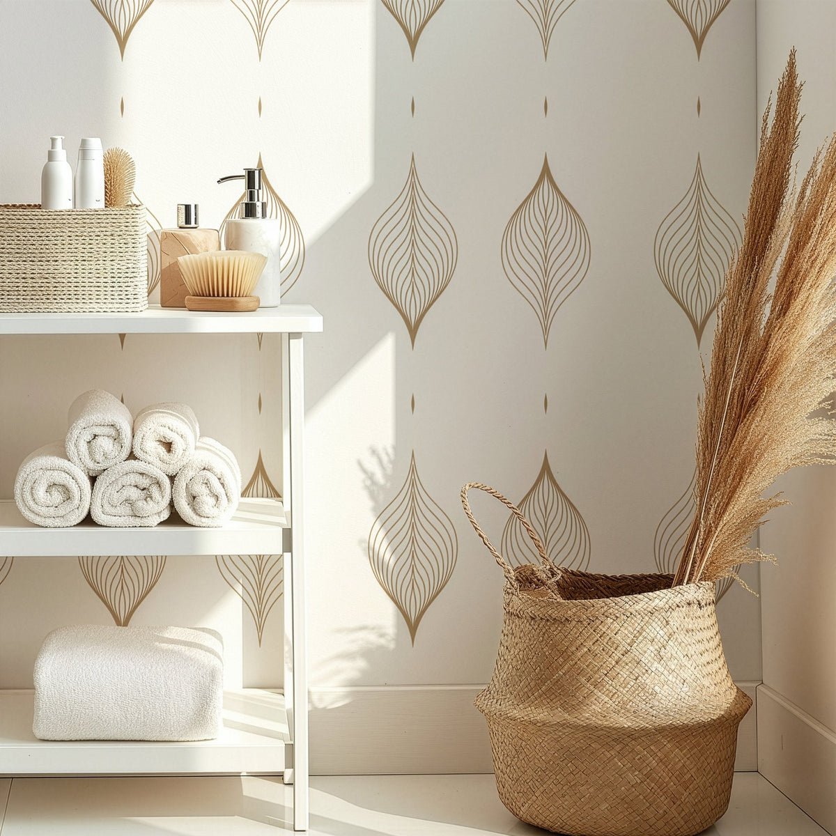 Minimal gold leaf wall decals styled in a soft neutral bathroom with woven baskets and pampas grass