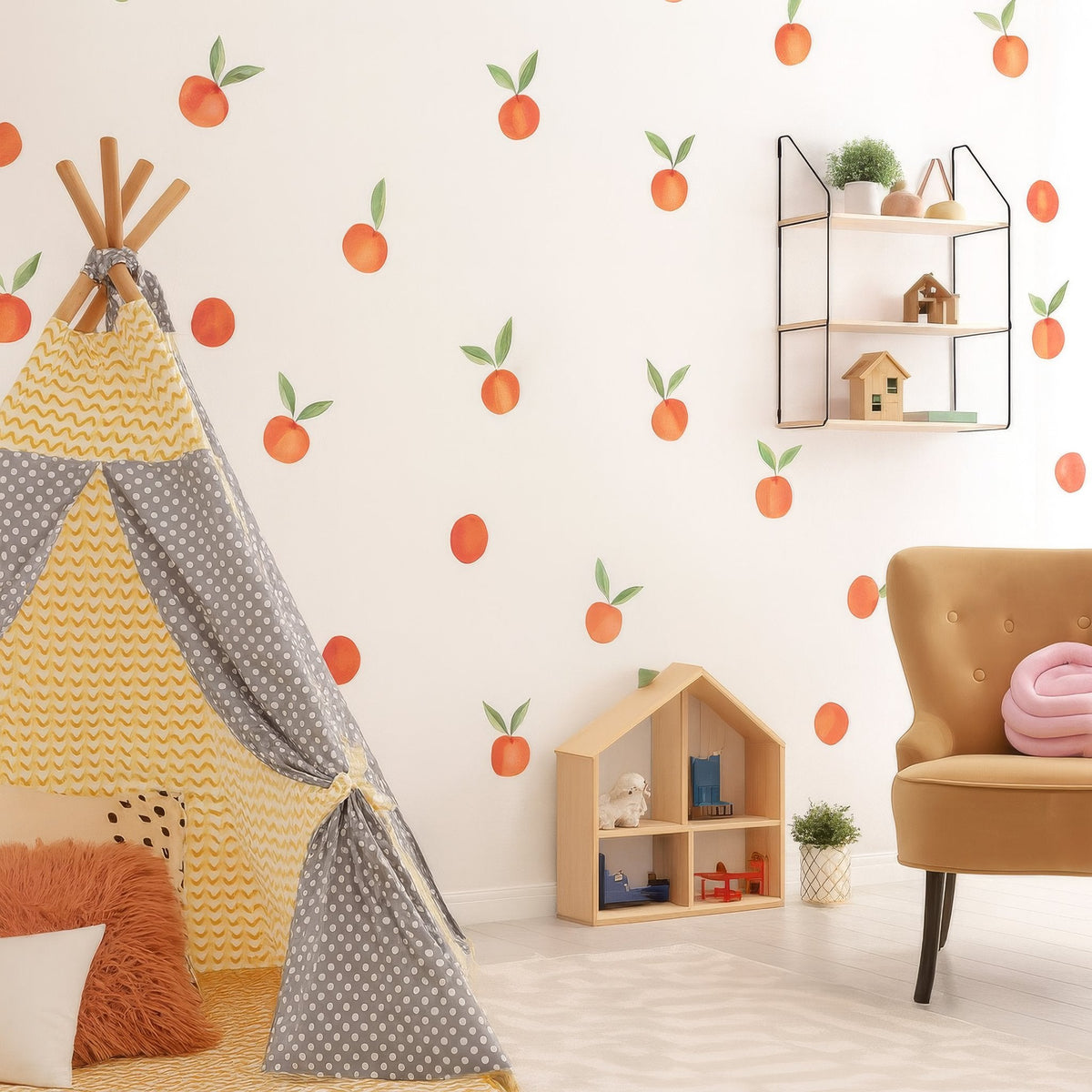 Watercolor peach wall decals shown in a home interior