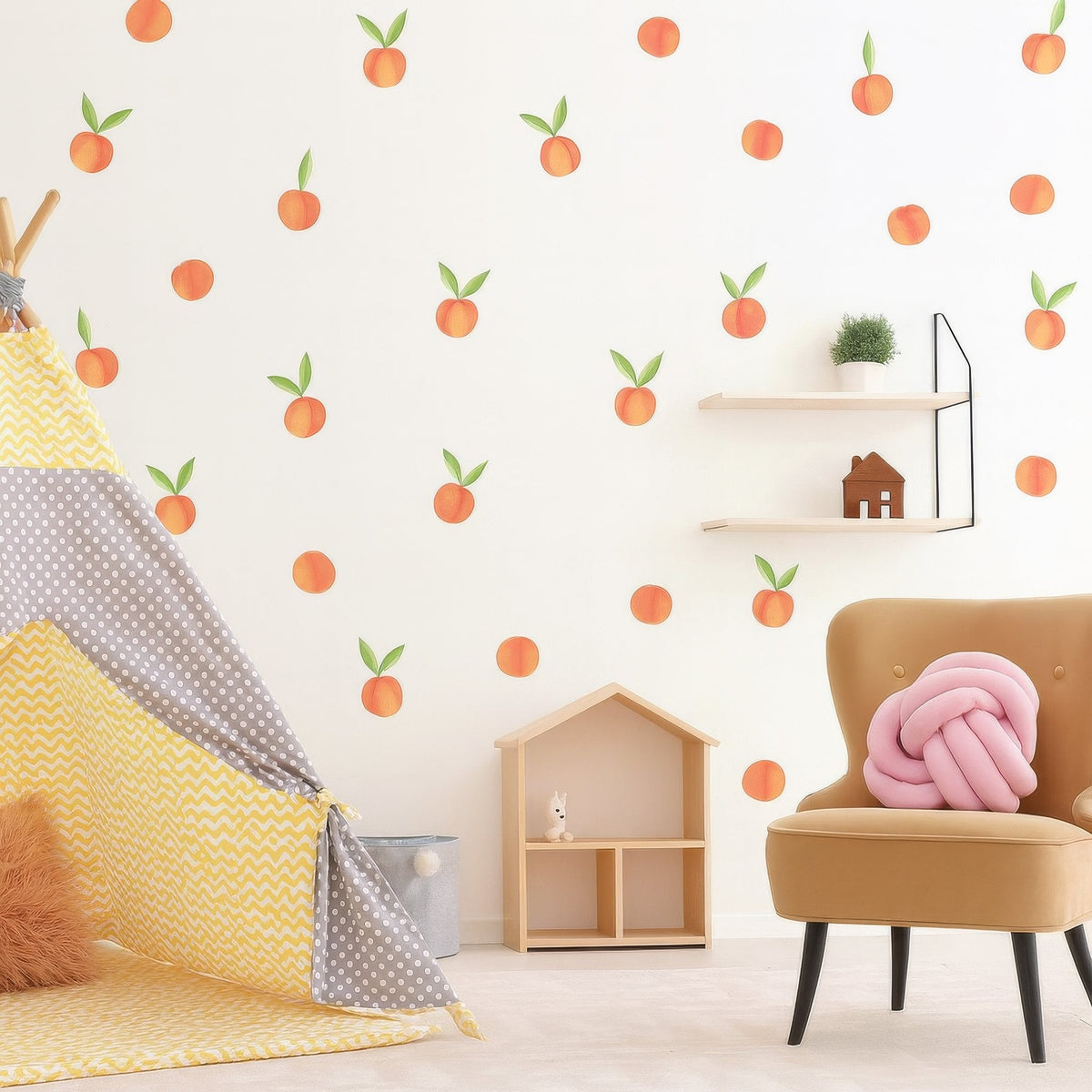 Watercolor peach wall decals styled in a kitchen setting
