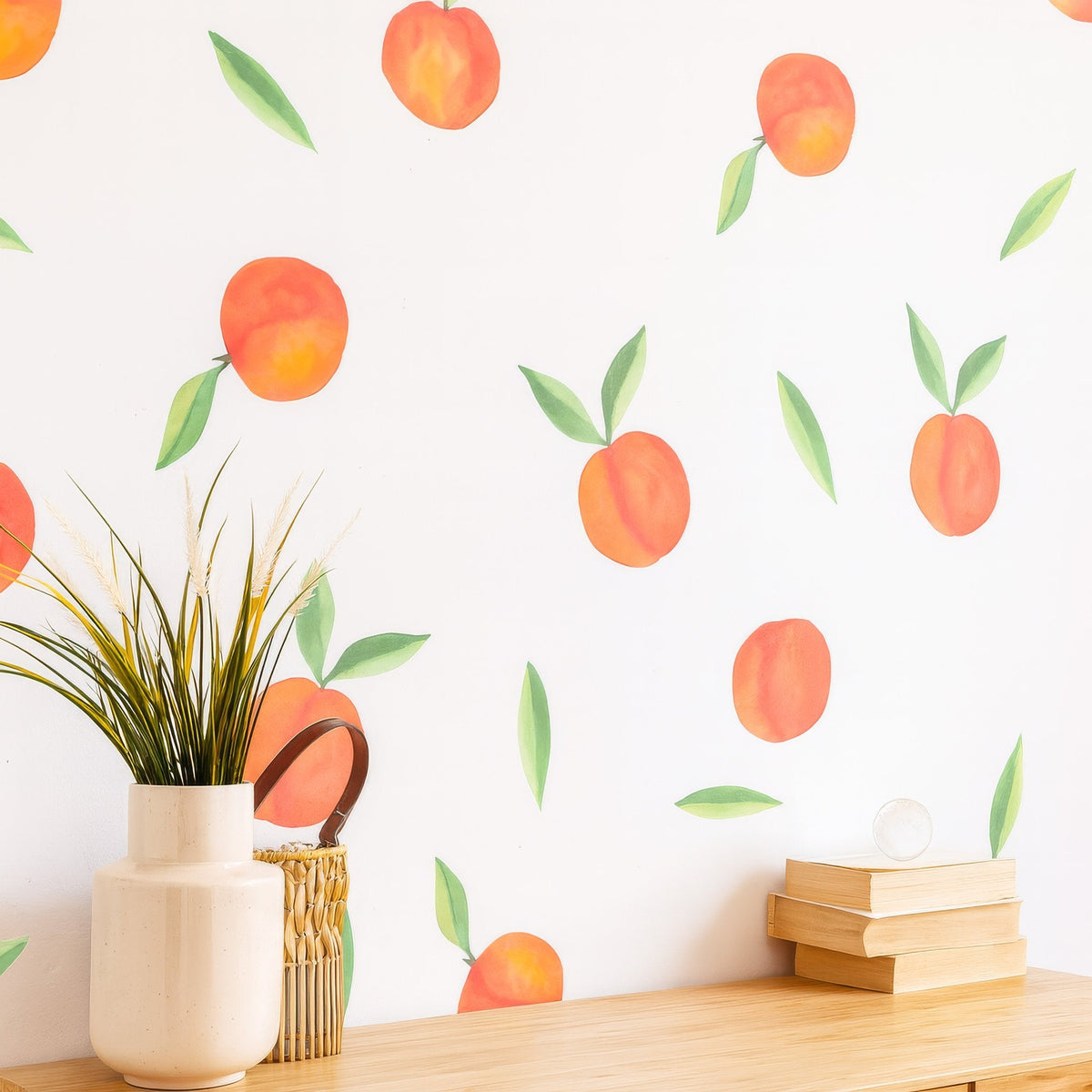 Watercolor peach wall decals displayed in a styled space