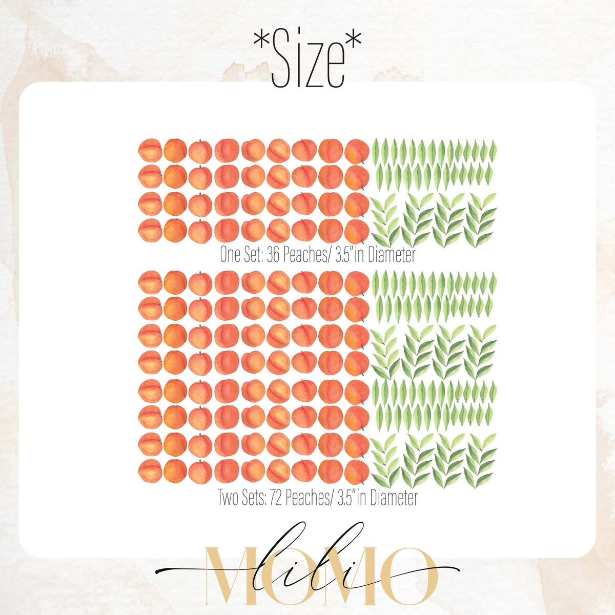 Peach decal size chart showing one set of 36 peaches at 3.5 inch diameter and two-set option with 72 peaches plus leaf accents