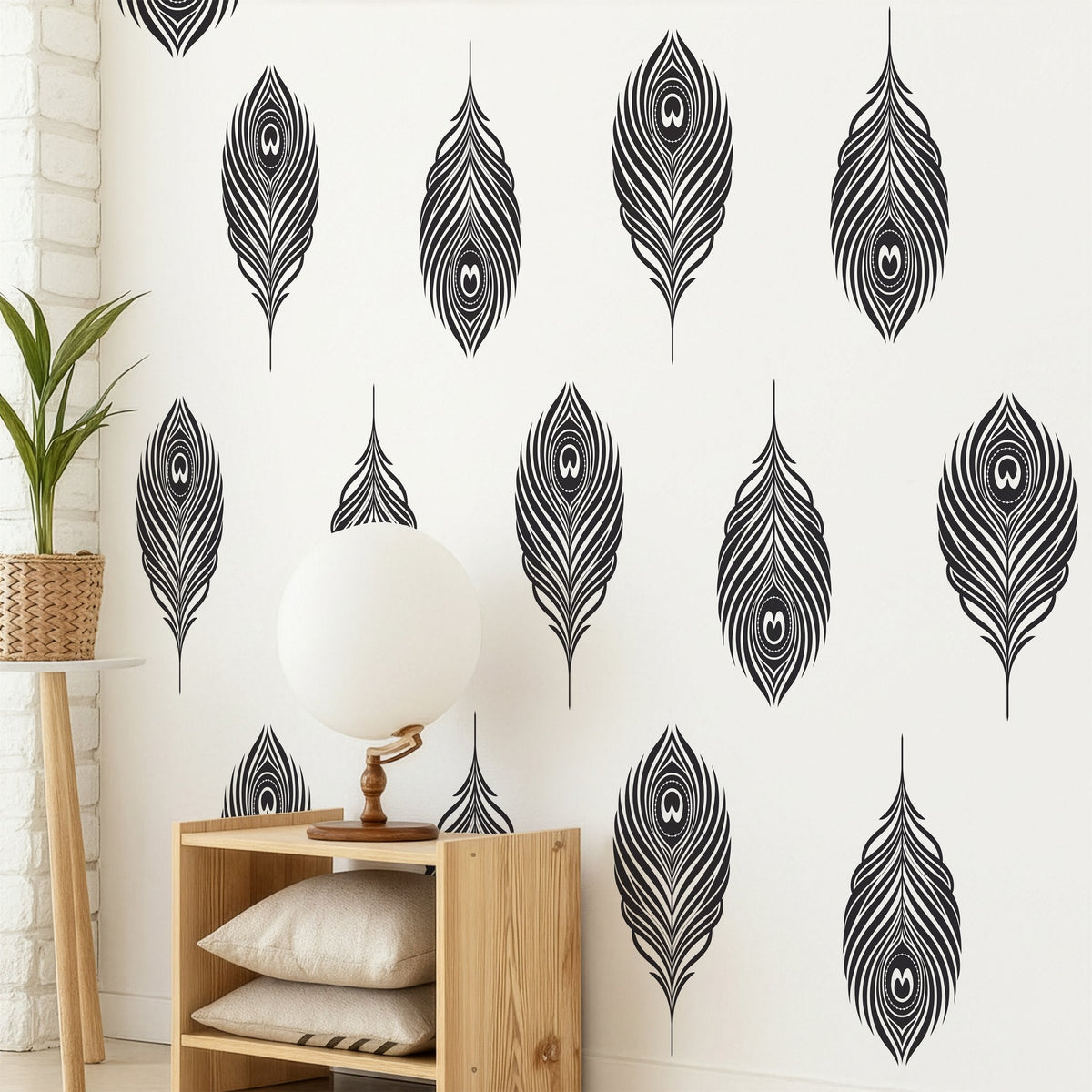 Peacock feather wall decals shown in a styled home interior
