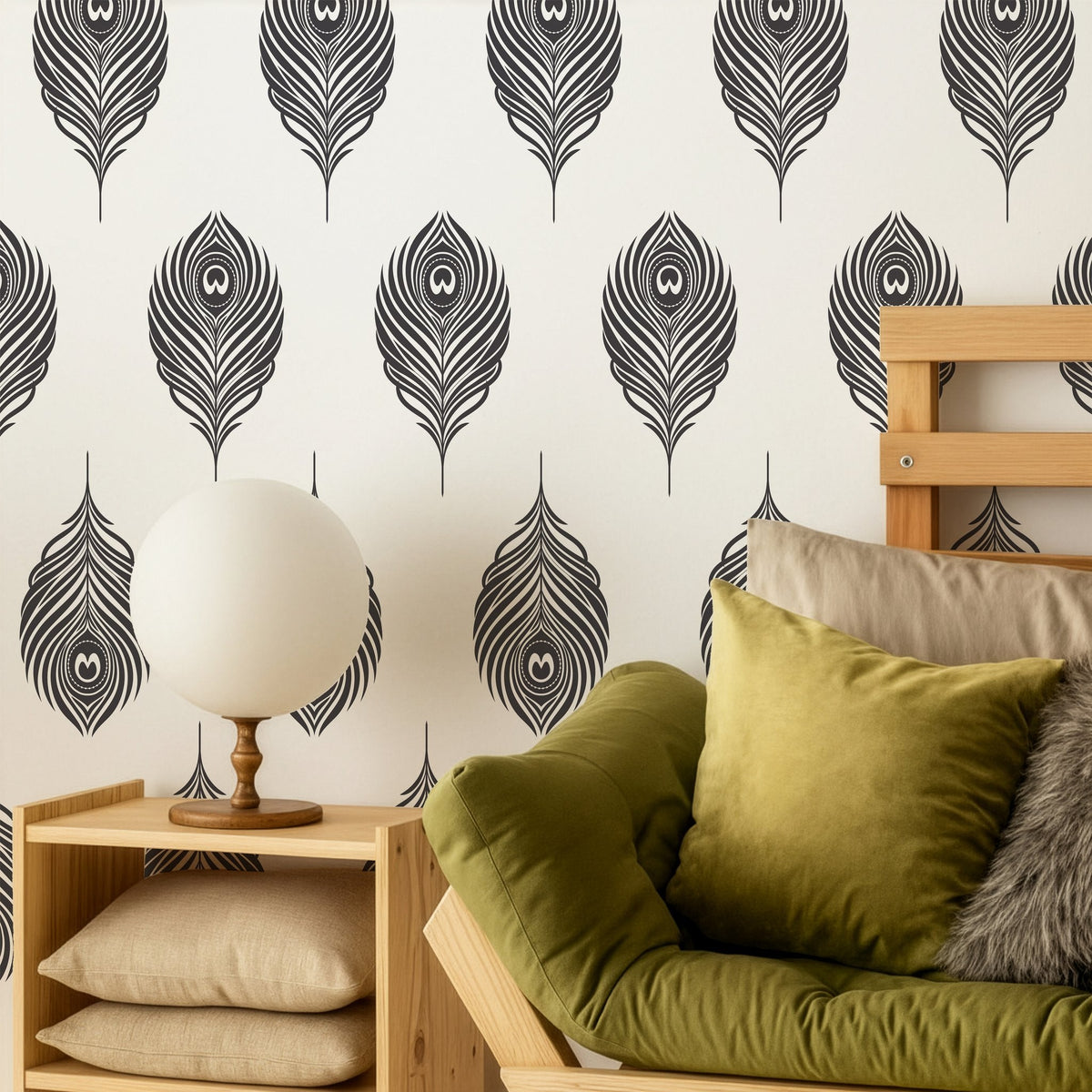 Peacock feather wall decal layout shown in a styled room setting