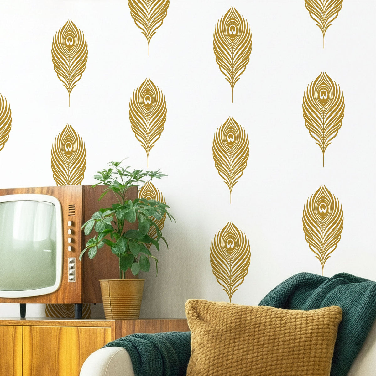 Peacock feather wall decals displayed in a styled boho space