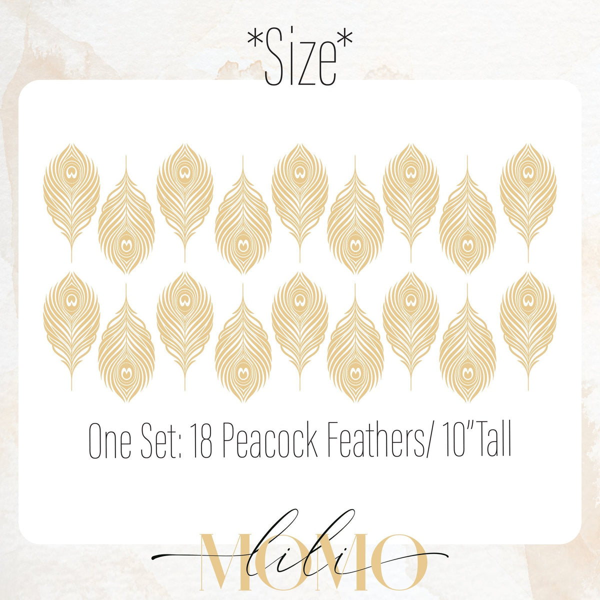 Peacock feather decal size chart showing one set of 18 feathers at 10 inches tall