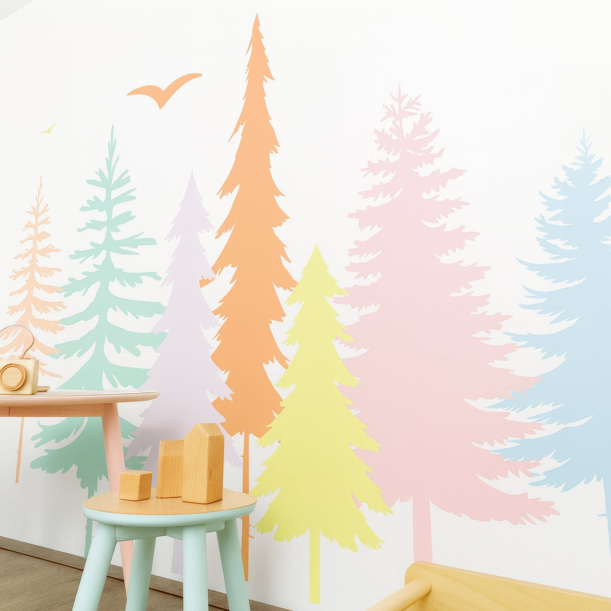 Scandinavian pine forest wall decals shown in a kids bedroom