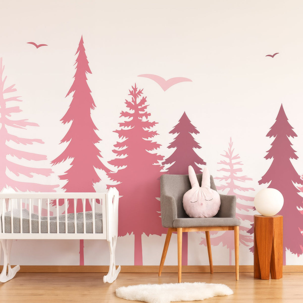 Pine forest wall decal scene displayed in a kids bedroom setting