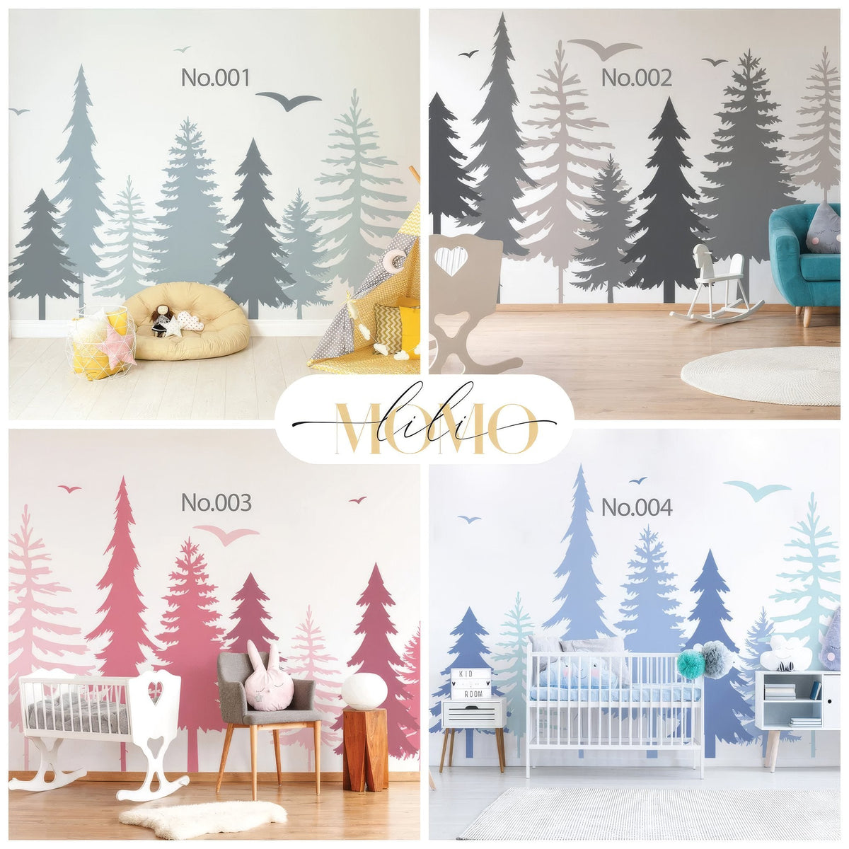 Color palette chart showing No.001 through No.004 forest options on styled walls