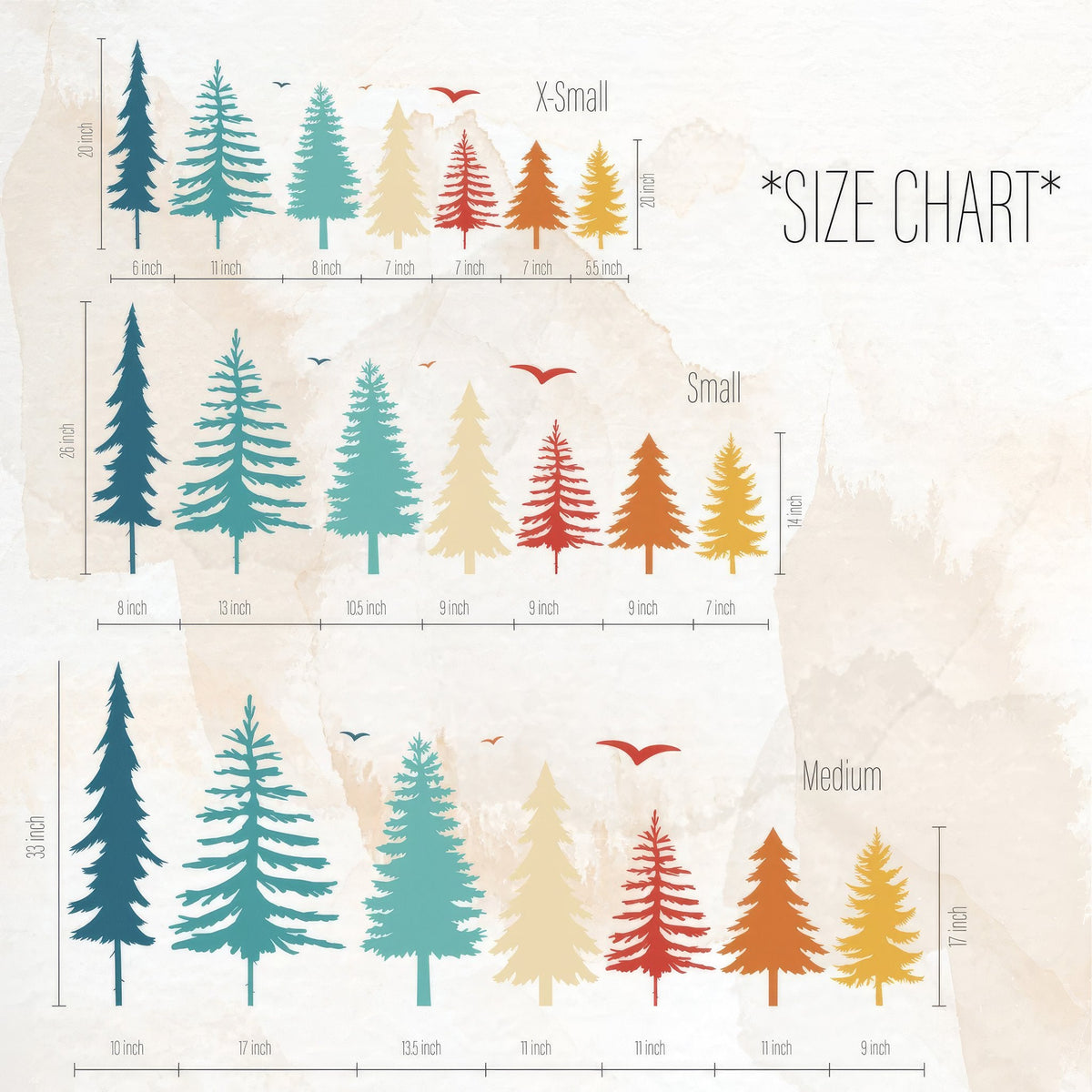 Pine forest size chart showing X-Small, Small, and Medium tree dimensions
