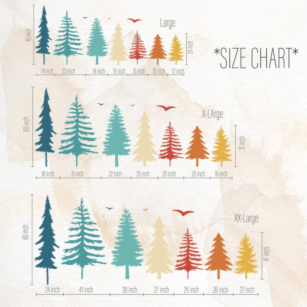 Pine forest size chart showing Large, X-Large, and XX-Large tree dimensions