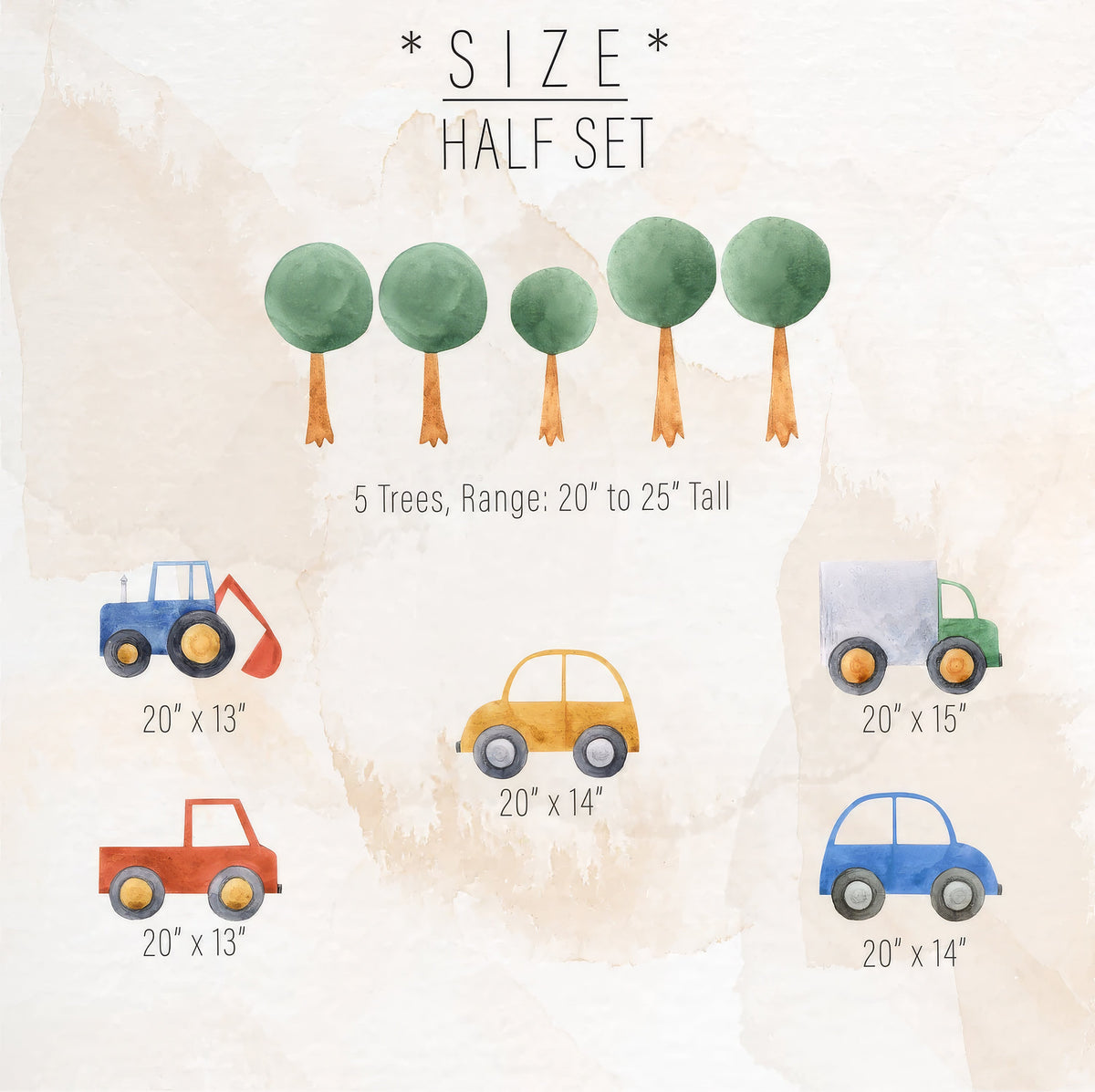 Watercolor Vehicles Wall Decals Set, Car Truck Tractor Tree Wall Decals