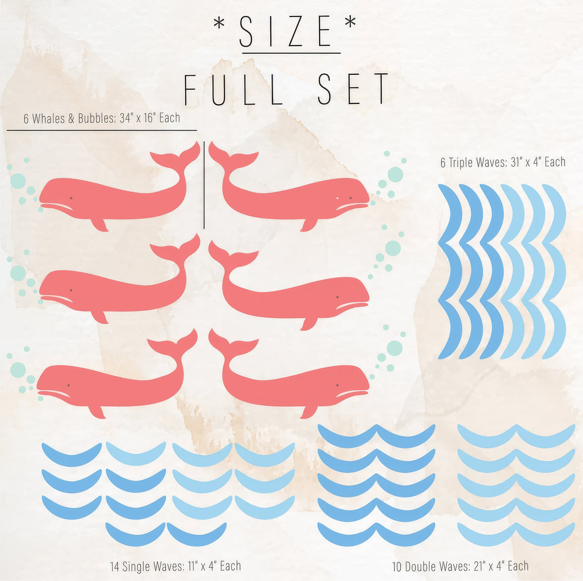 Whale And Waves Large Wall Decals, Playroom Ocean Wall Decor