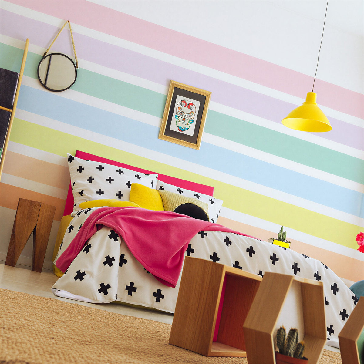 Stripe wall decals arranged on a feature wall