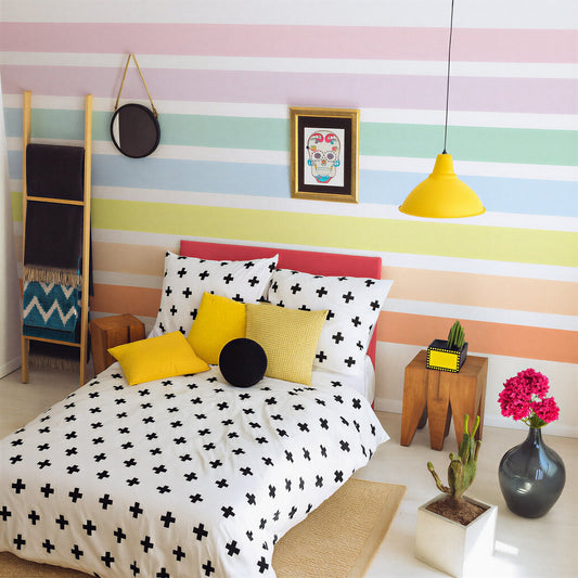 Pastel stripe wall decals installed on a modern nursery accent wall with horizontal color bands