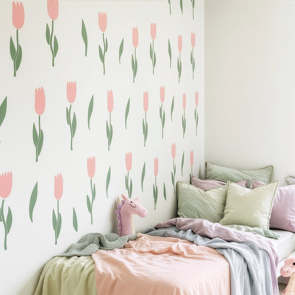 Tulip wall decals arranged on a feature wall