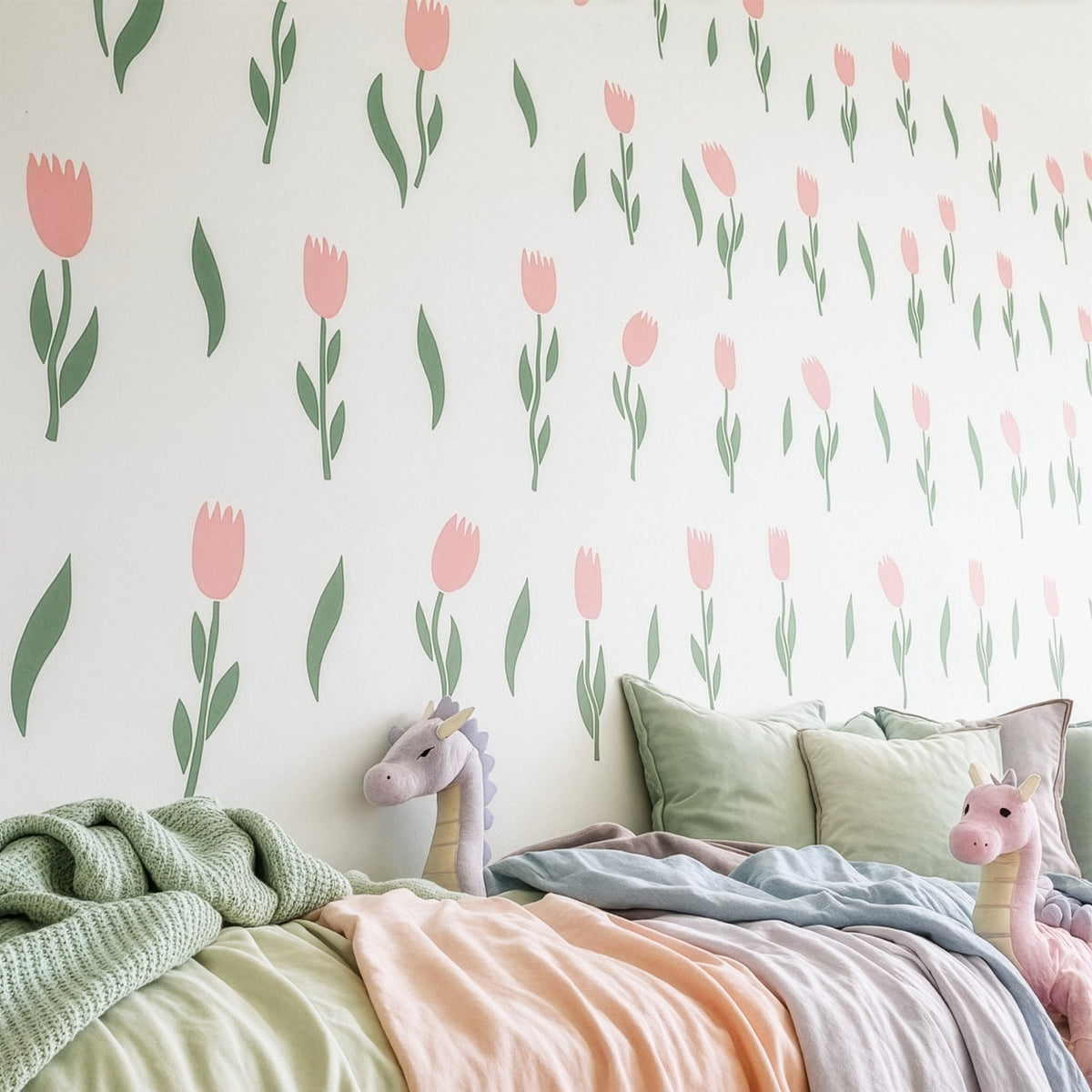 Tulip wall decals displayed in a styled nursery space