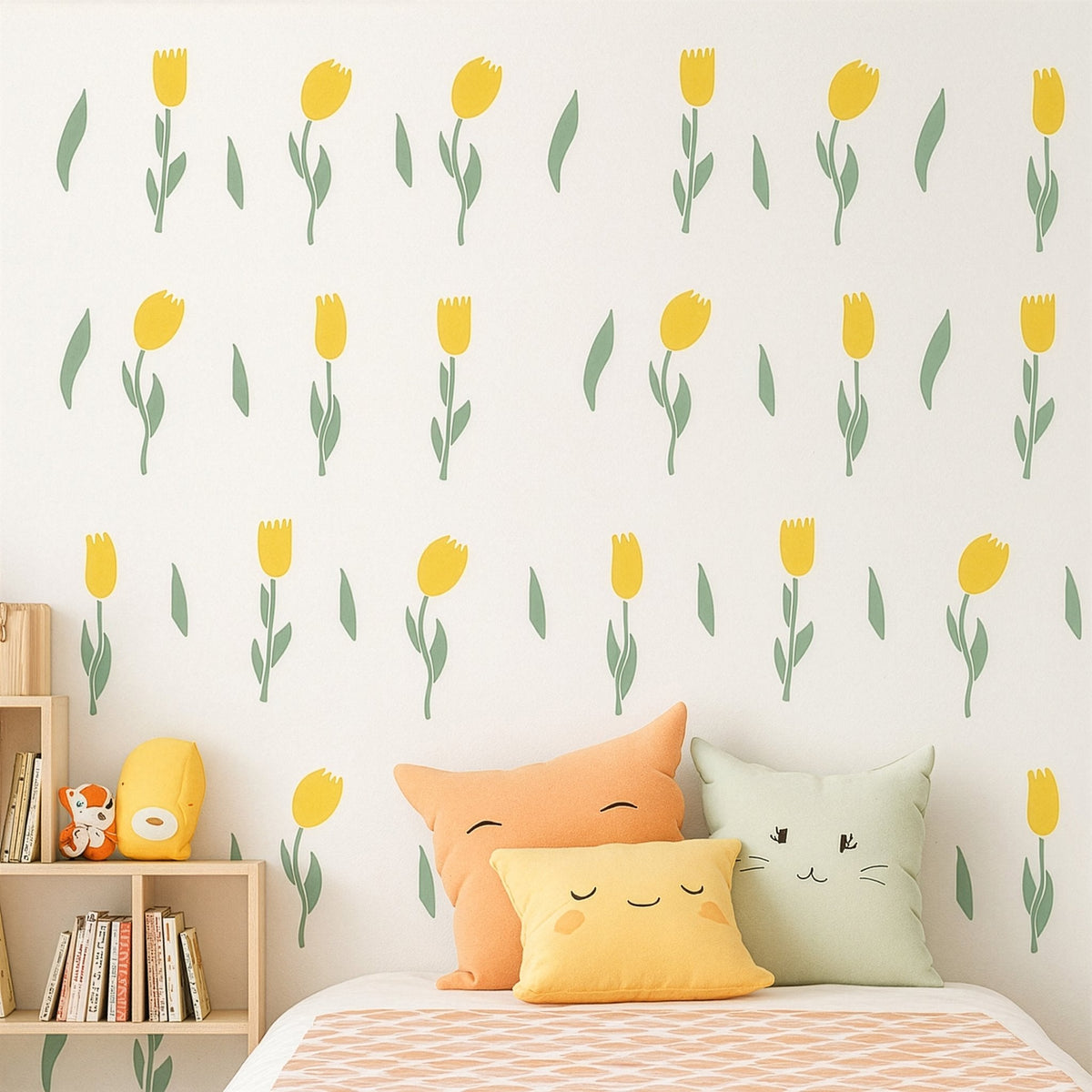 Tulip wall decals shown in a room with soft decor accents