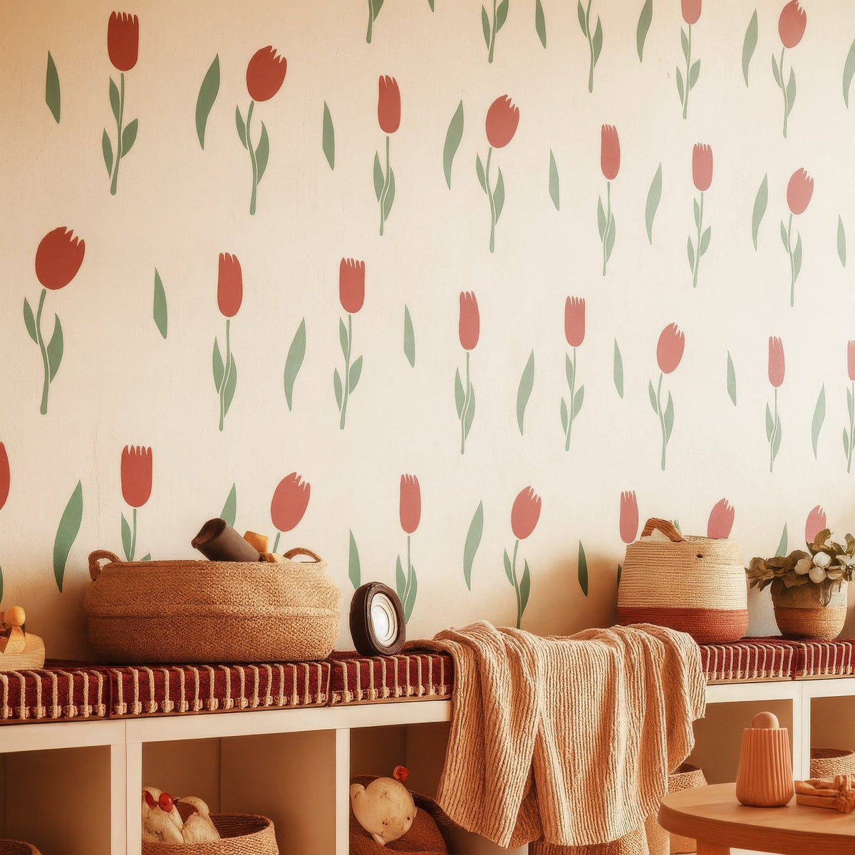 Minimal tulip wall decals installed on a nursery wall with soft floral arrangement