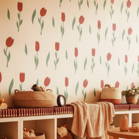 Minimal tulip wall decals installed on a nursery wall with soft floral arrangement