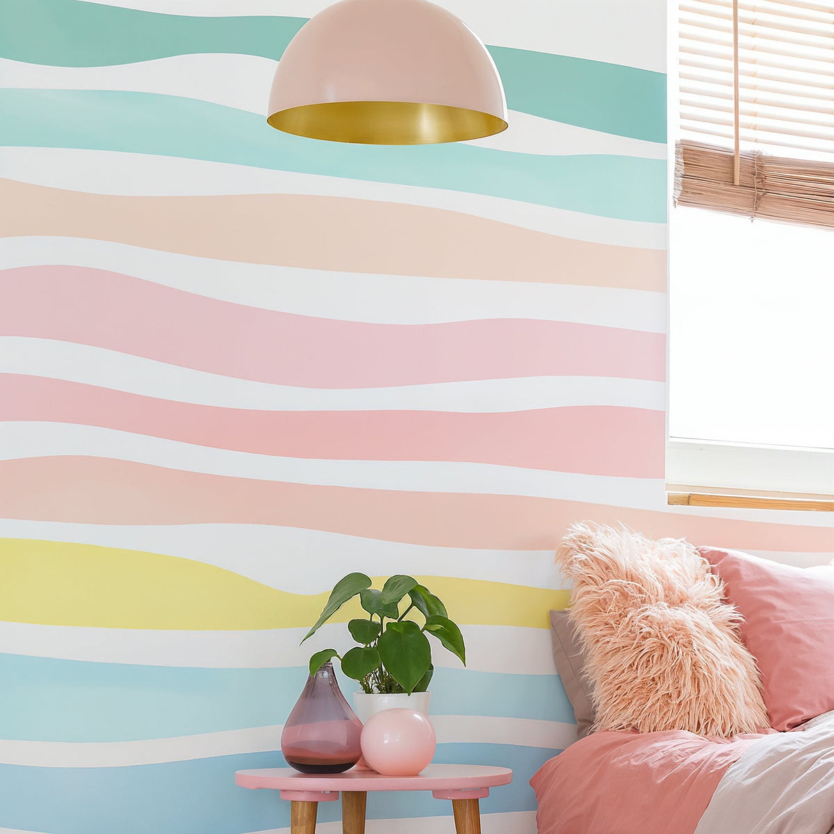 Watercolor stripe wall decals arranged on a feature wall