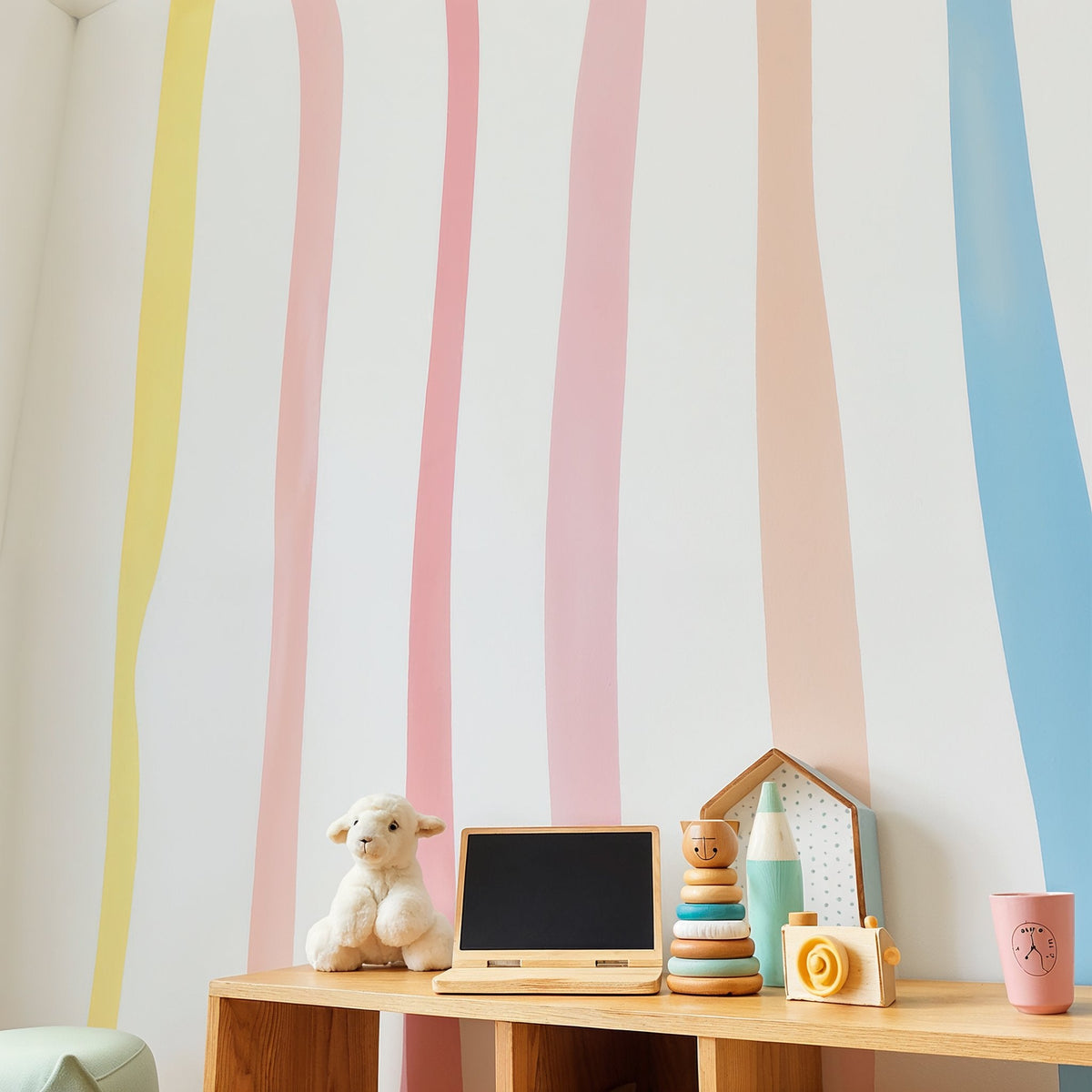 Watercolor stripe decals arranged on a kids room accent wall