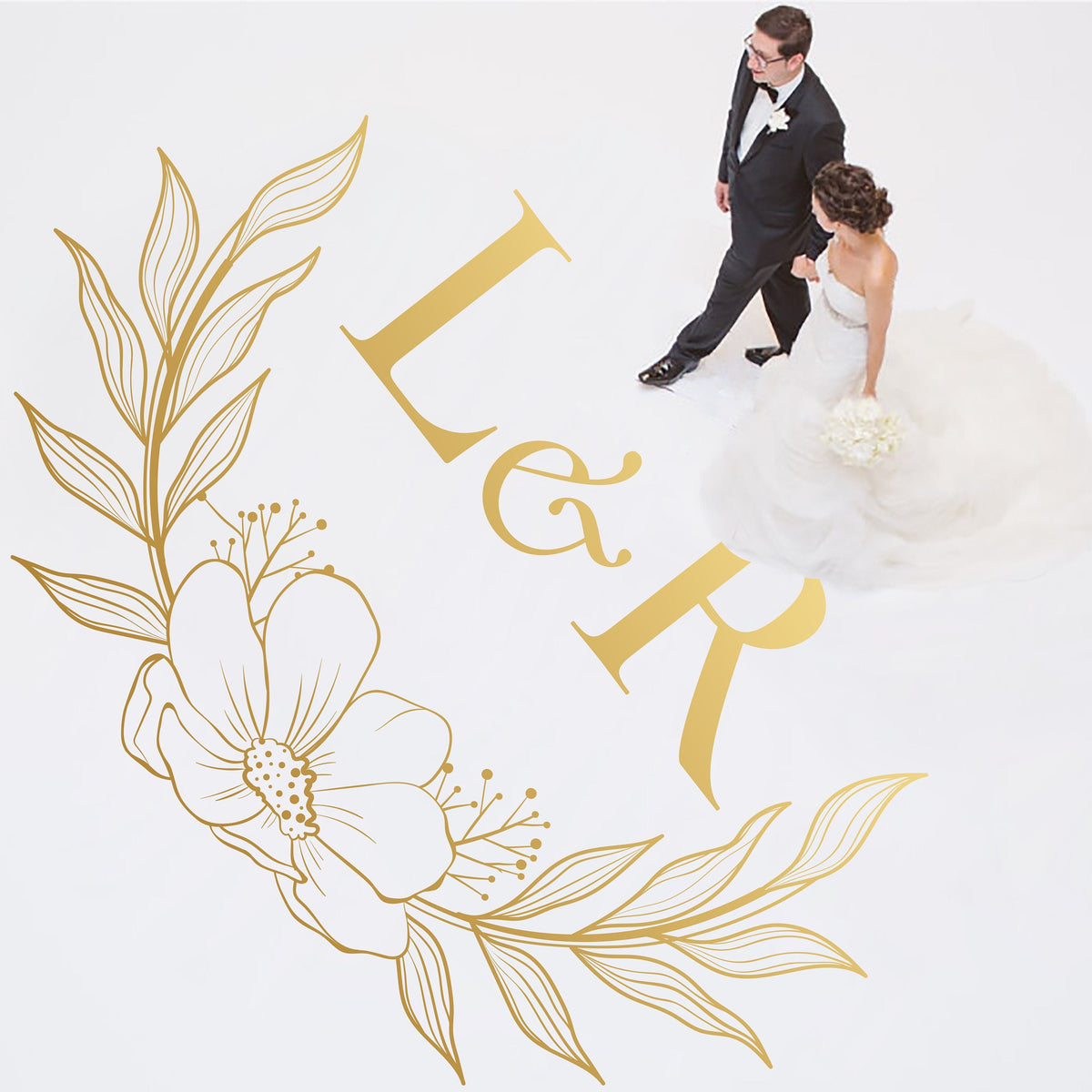 Floral Blossom Monogram Dance Floor Decal for Wedding shown at a wedding reception