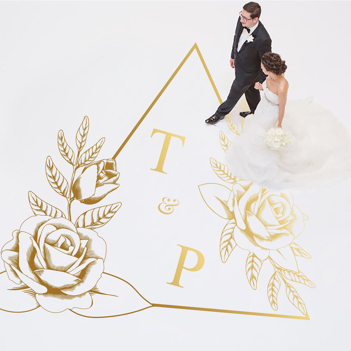 Triangle Rose Frame Dance Floor Decal for Wedding shown at a wedding reception