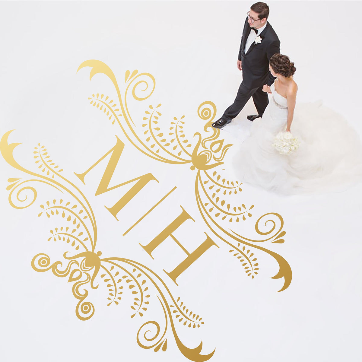 Whimsical Curl Monogram Dance Floor Decal for Wedding shown at a wedding reception