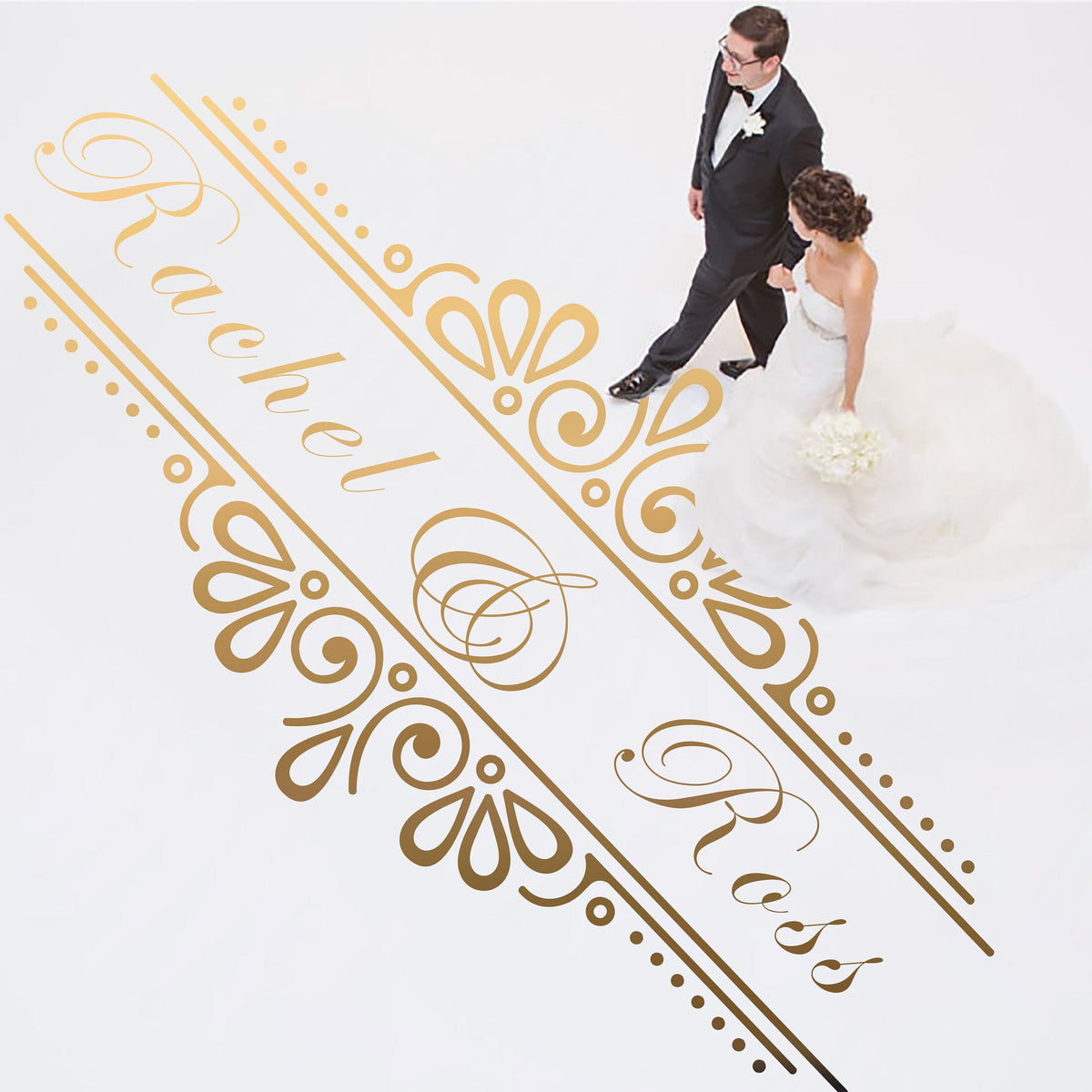 Vertical Runner Names Dance Floor Decal for Wedding shown at a wedding reception