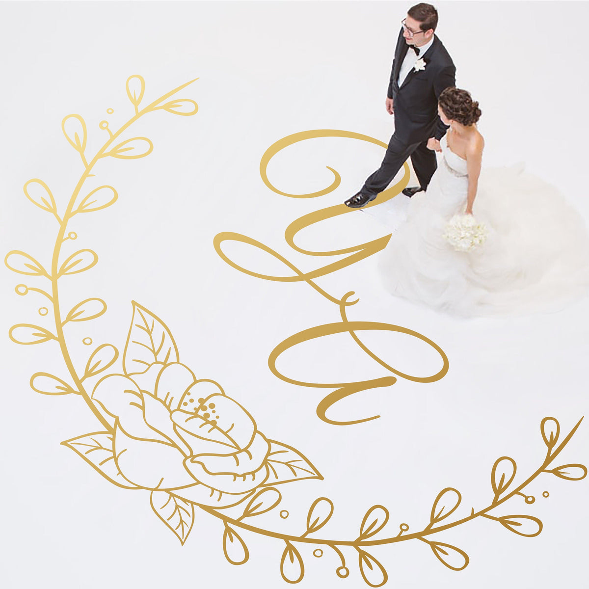 Rose Wreath Script Dance Floor Decal for Wedding shown at a wedding reception