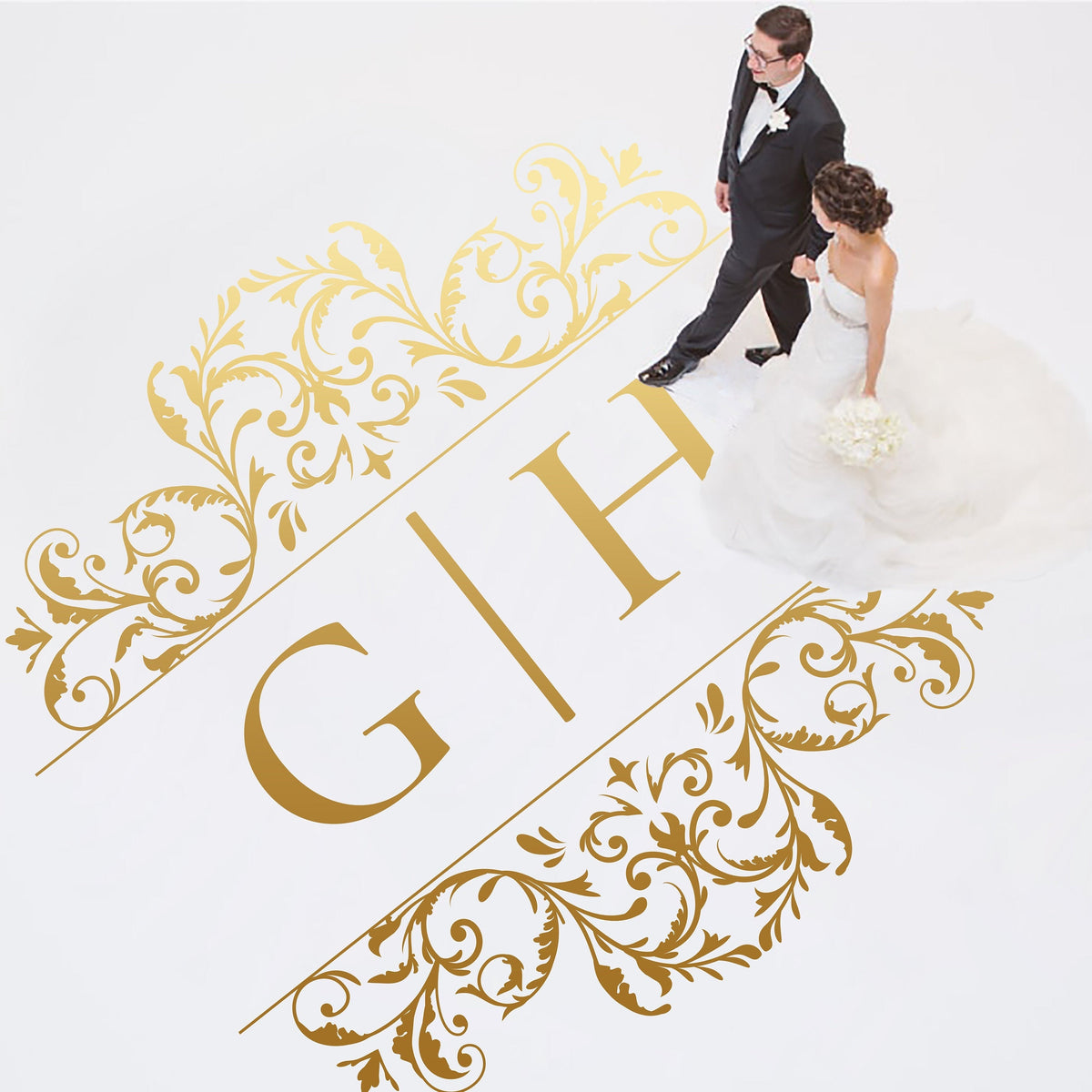Ornate Flourish Monogram Dance Floor Decal for Wedding shown at a wedding reception