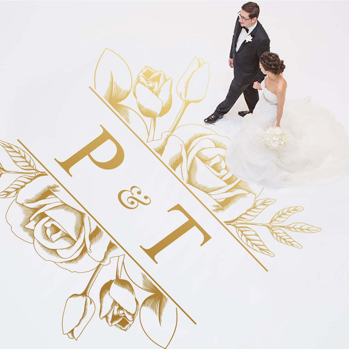 Etched Rose Garden Dance Floor Decal for Wedding shown at a wedding reception