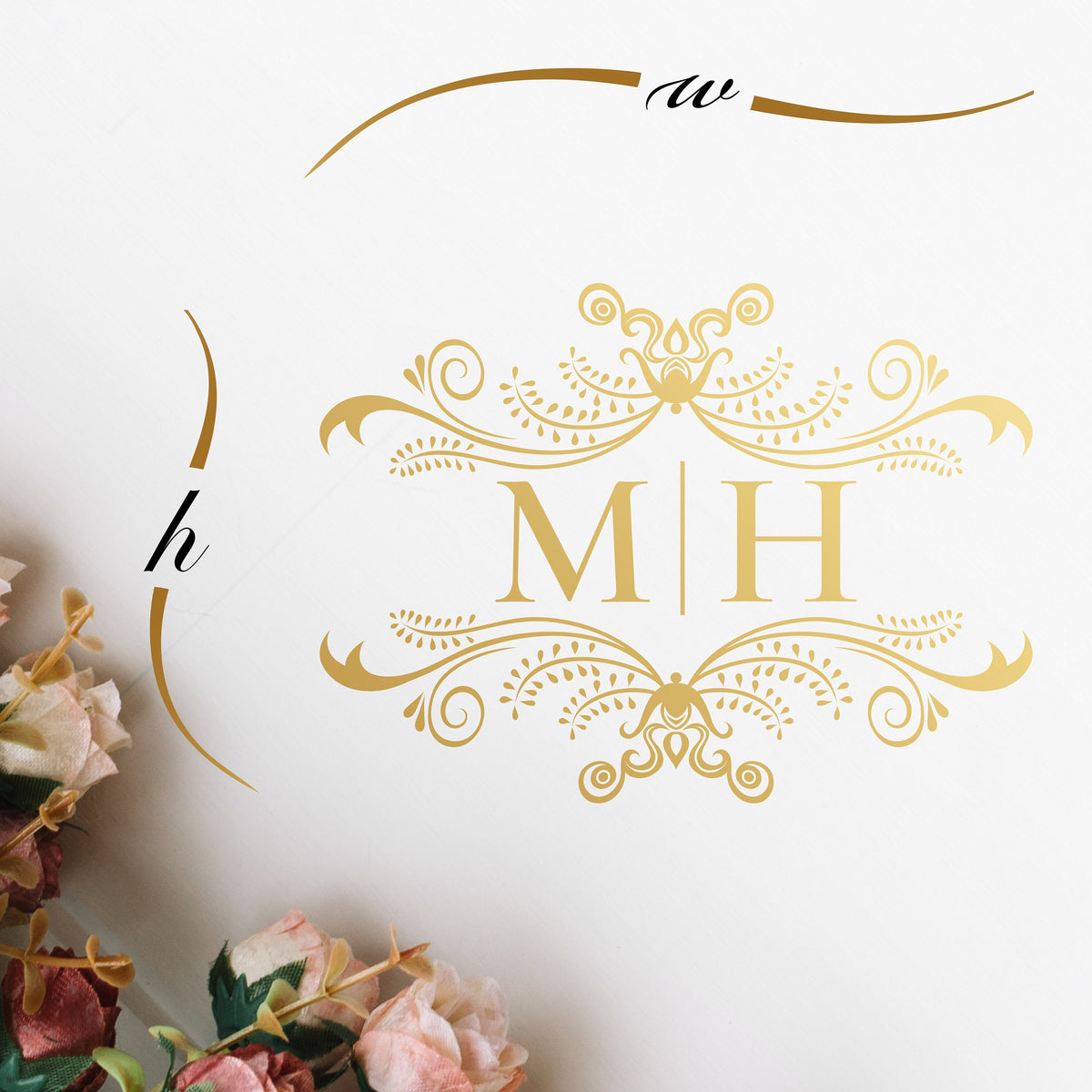 Whimsical Curl Monogram Dance Floor Decal for Wedding shown at a wedding reception