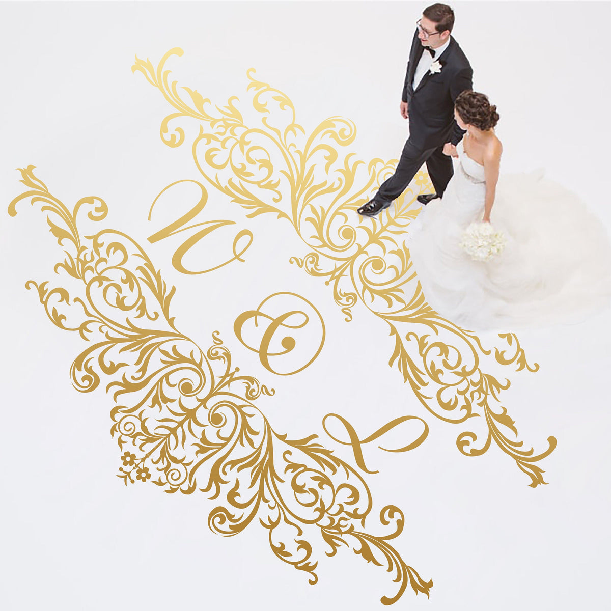 Victorian Scroll Monogram Dance Floor Decal for Wedding shown at a wedding reception