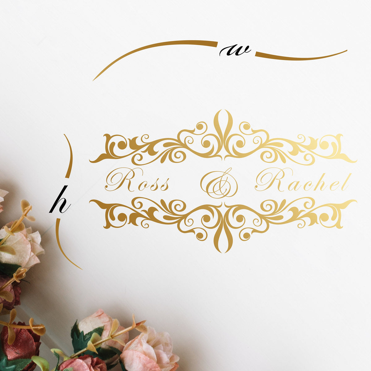 Scroll Cartouche Names Dance Floor Decal for Wedding shown at a wedding reception