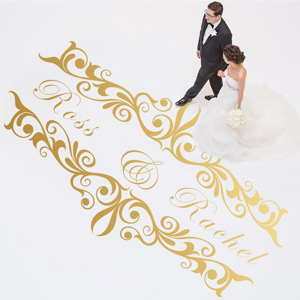 Scroll Cartouche Names Dance Floor Decal for Wedding shown at a wedding reception
