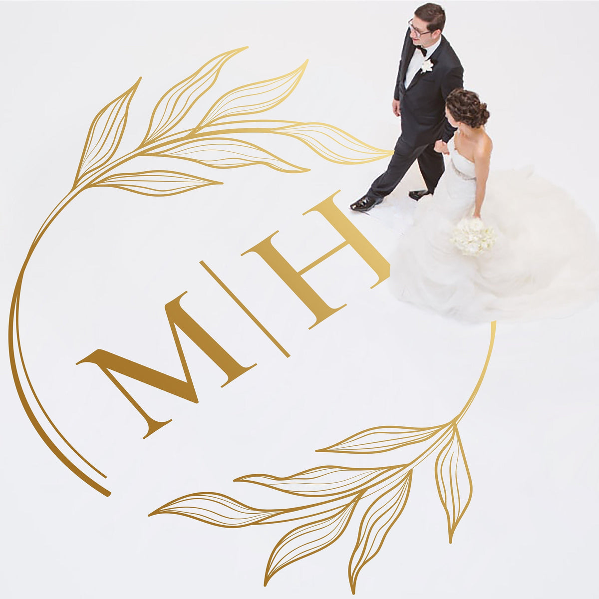 Fine Line Hoop Monogram Dance Floor Decal for Wedding shown at a wedding reception
