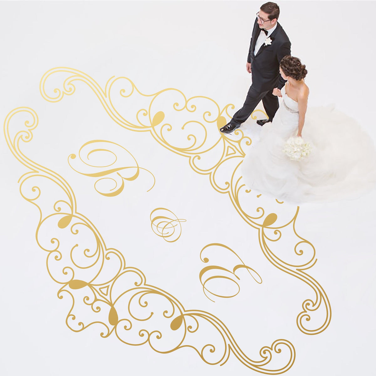 Ironwork Frame Monogram Dance Floor Decal for Wedding shown at a wedding reception