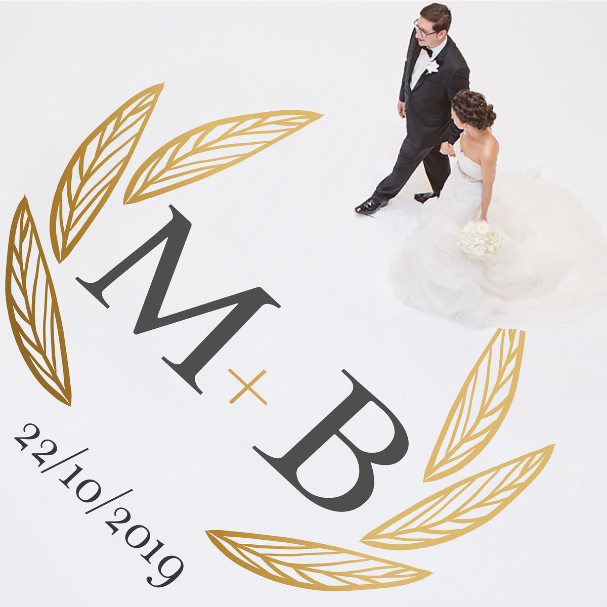 Bold Leaf Wreath Dance Floor Decal for Wedding shown at a wedding reception