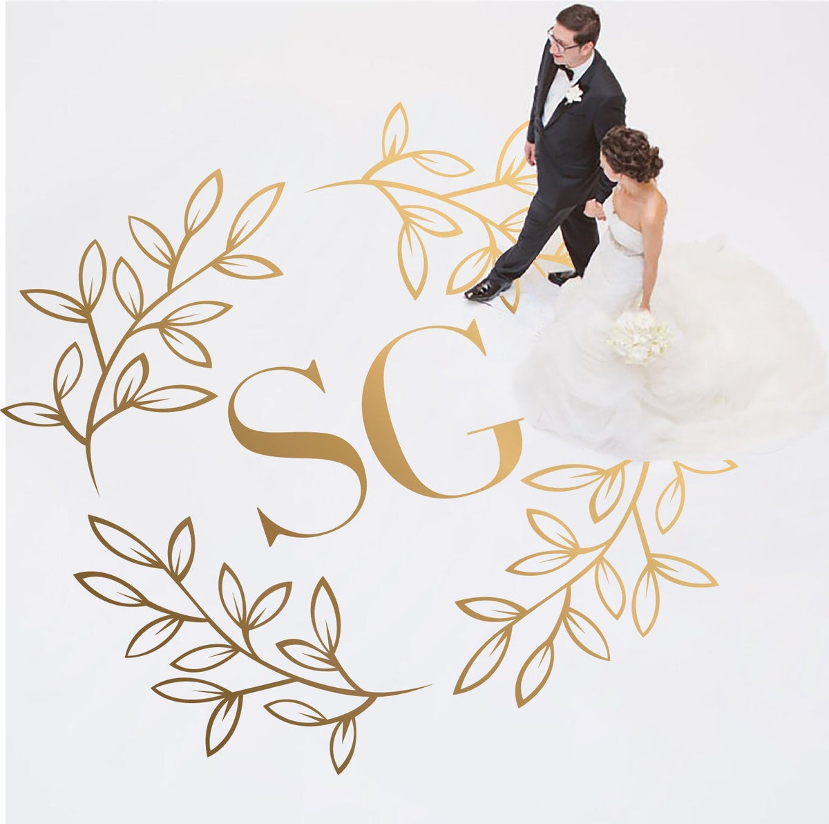 Corner Leaf Monogram Dance Floor Decal for Wedding shown at a wedding reception