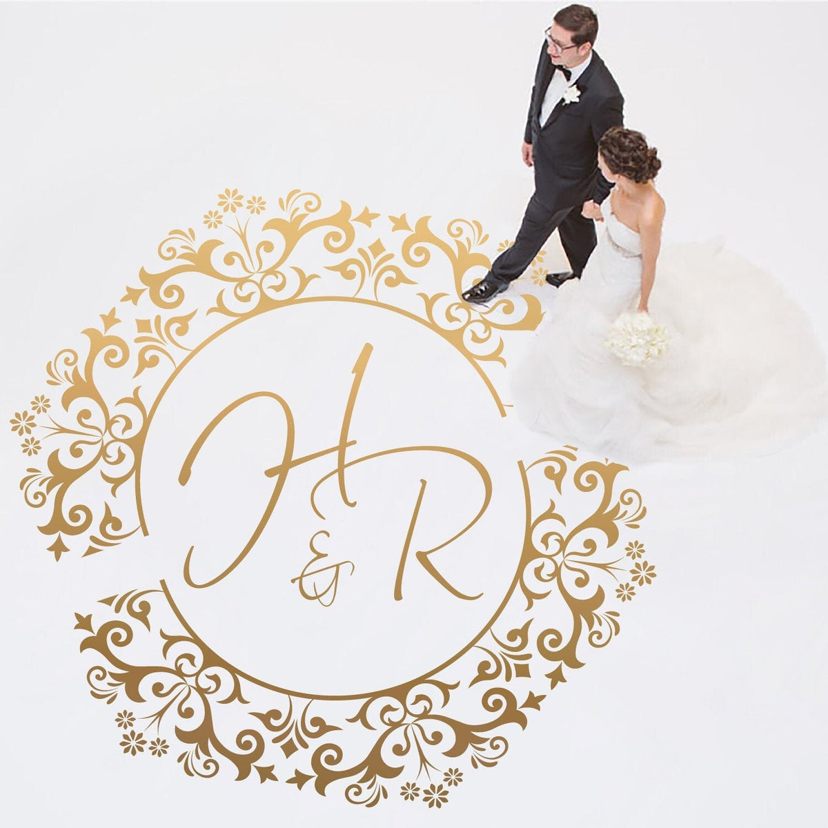 Damask Lace Monogram Dance Floor Decal for Wedding shown at a wedding reception