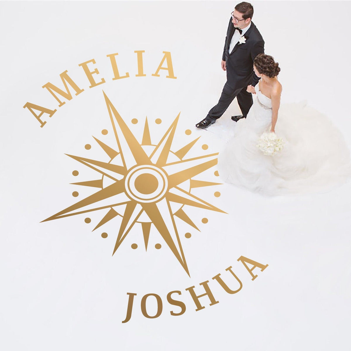 Compass Rose Names Dance Floor Decal for Wedding shown at a wedding reception