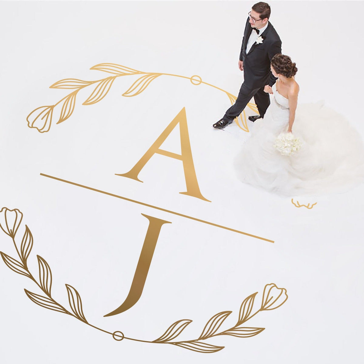 Modern Serif Names Dance Floor Decal for Wedding shown at a wedding reception