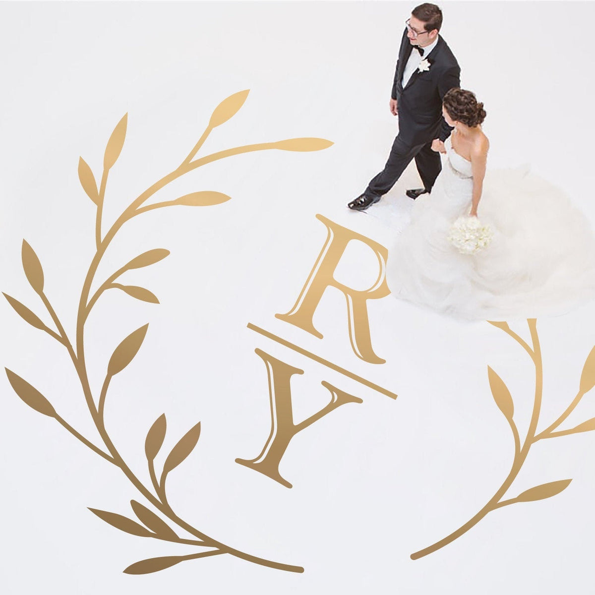 Divided Initials Wreath Dance Floor Decal for Wedding shown at a wedding reception
