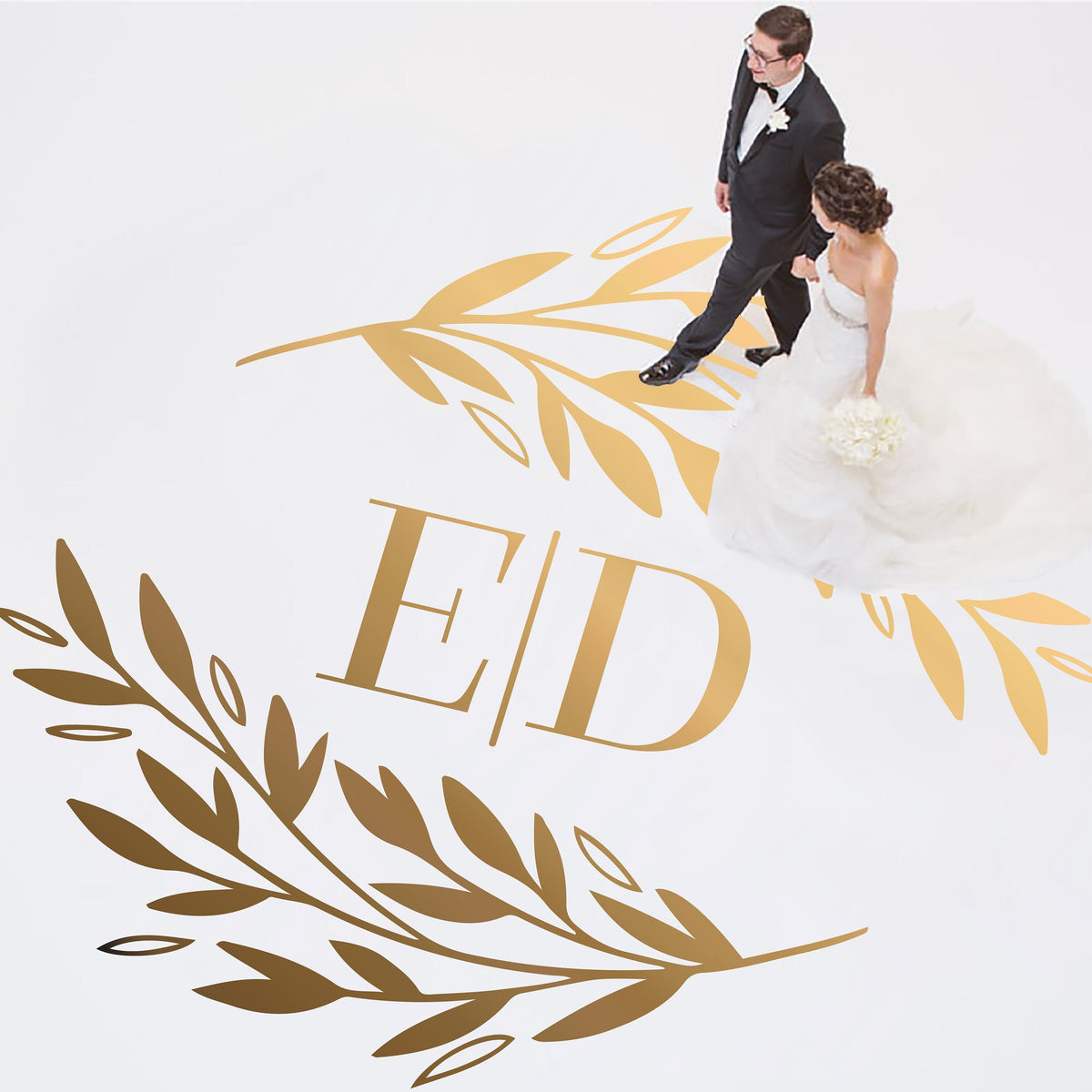 Olive Branch Monogram Dance Floor Decal for Wedding shown at a wedding reception