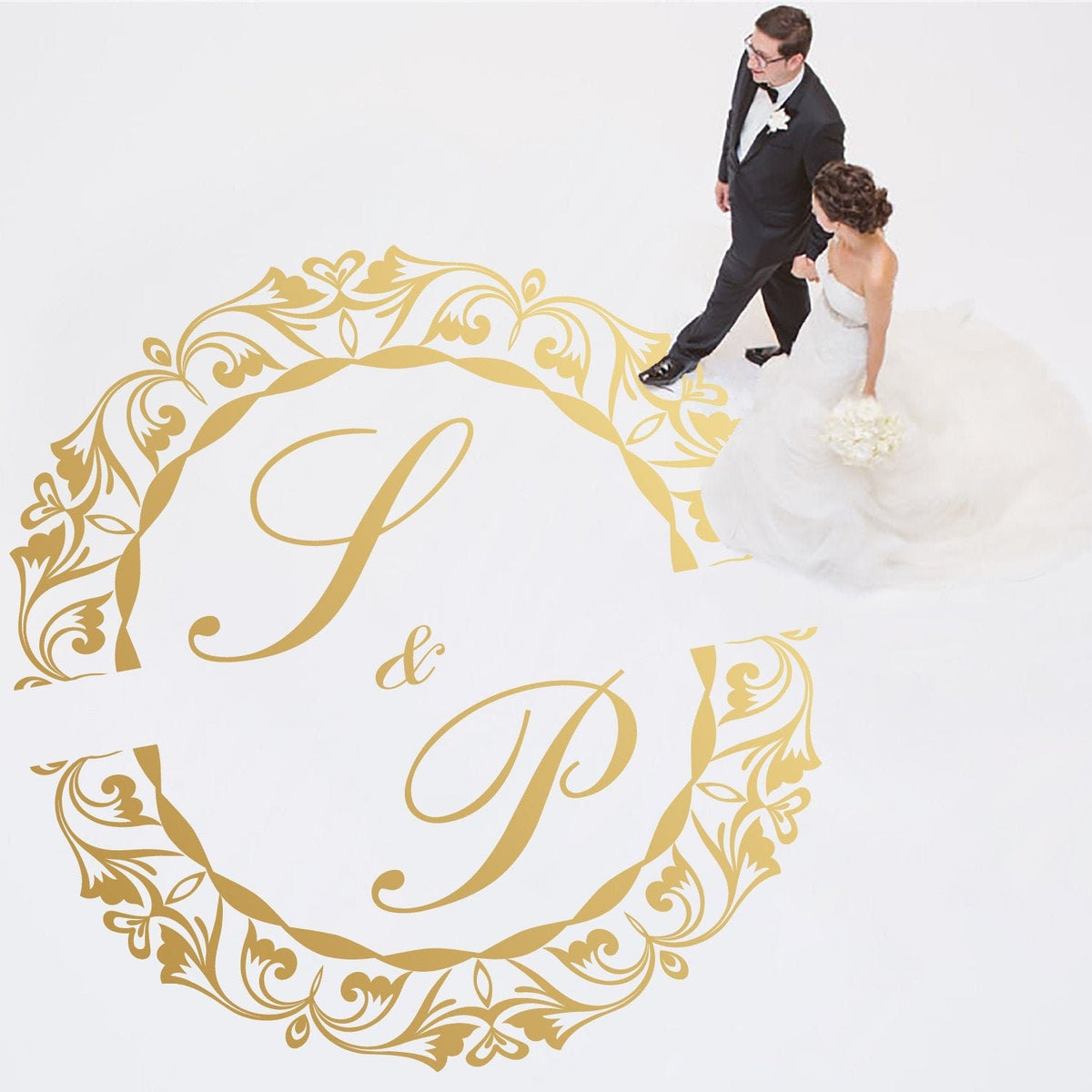 Baroque Split Ring Dance Floor Decal for Wedding shown at a wedding reception