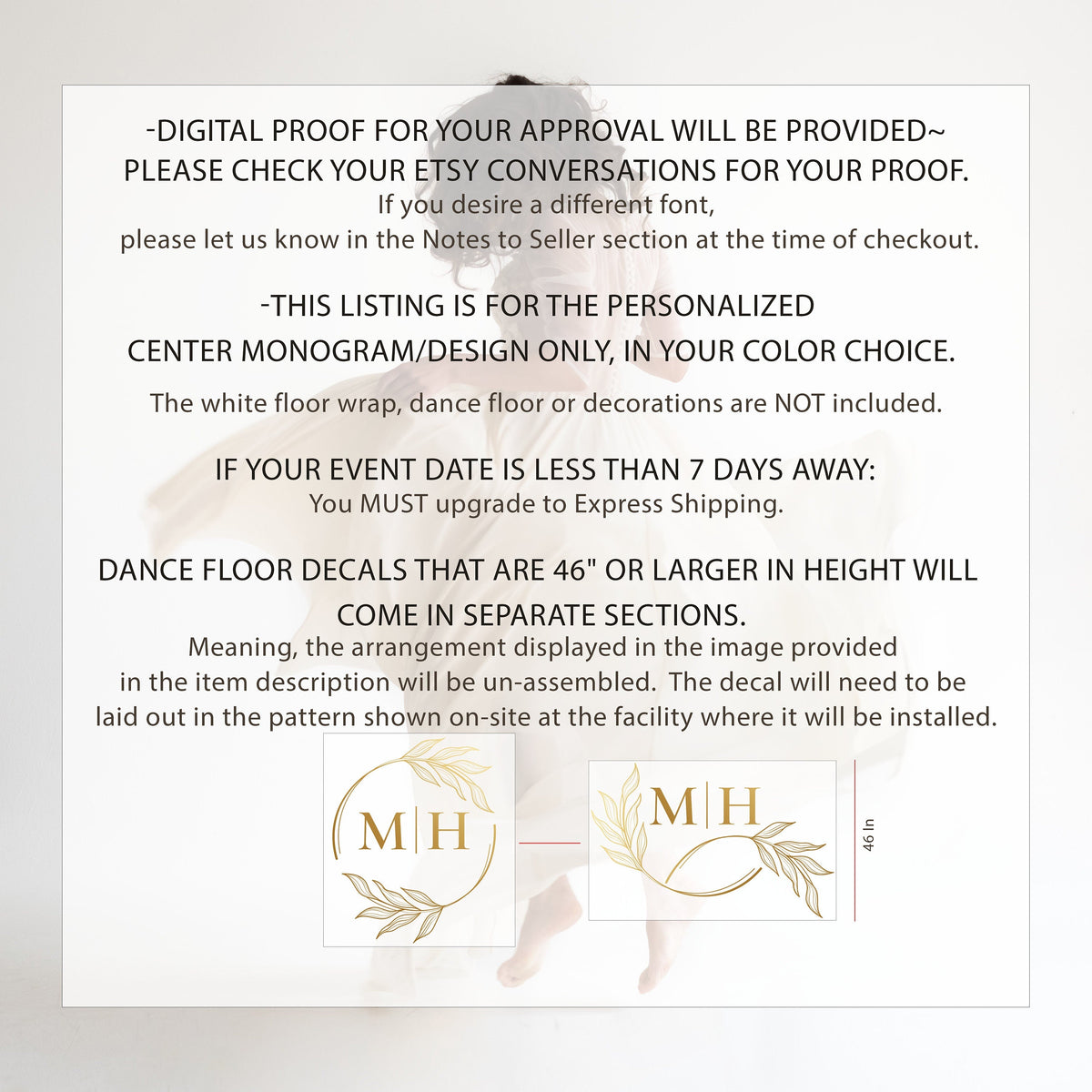 Arched Names Rose Stem Dance Floor Decal for Wedding shown at a wedding reception