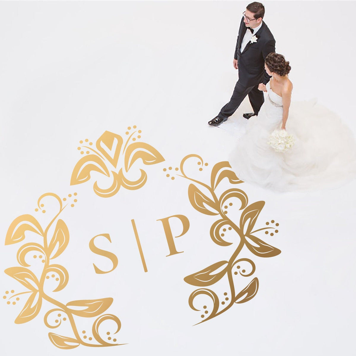 Classic Crest Wreath Dance Floor Decal for Wedding shown at a wedding reception